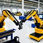 **A bustling advanced manufacturing facility in Bahrain's Hidd industrial area. Robots assemble products with precision, while Bahraini engineers monitor the process on large screens displaying AI-driven analytics. Sunlight streams through large windows, highlighting the clean and modern environment.** (This emphasizes the advanced manufacturing aspect, skilled jobs, and modern infrastructure.)