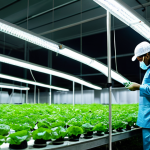 Hydroponic Farm in Bahrain**

"A modern hydroponic farm in Bahrain, featuring rows of leafy green vegetables growing indoors, illuminated by LED lights. Workers in clean, professional uniforms tend to the plants. Focus on the clean, technological aspects of the farm. Safe for work, appropriate content, fully clothed, professional, family-friendly, perfect anatomy, correct proportions, natural pose, well-formed hands, proper finger count, natural body proportions, high resolution, detailed textures."

**