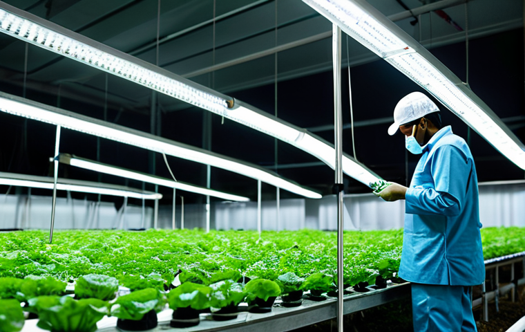 Hydroponic Farm in Bahrain**
"A modern hydroponic farm in Bahrain, featuring rows of leafy green vegetables growing indoors, illuminated by LED lights. Workers in clean, professional uniforms tend to the plants. Focus on the clean, technological aspects of the farm. Safe for work, appropriate content, fully clothed, professional, family-friendly, perfect anatomy, correct proportions, natural pose, well-formed hands, proper finger count, natural body proportions, high resolution, detailed textures."
**