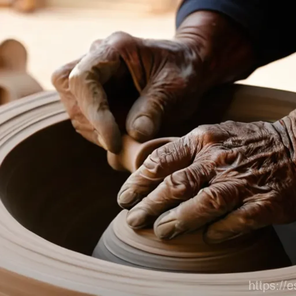 바레인의 공예품 쇼핑 - **A'ali Pottery Artisan at Work:** A close-up, high-detail shot of an elderly Bahraini artisan with ...