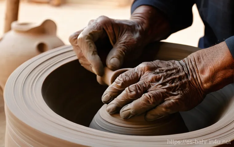 바레인의 공예품 쇼핑 - **A'ali Pottery Artisan at Work:** A close-up, high-detail shot of an elderly Bahraini artisan with ...
