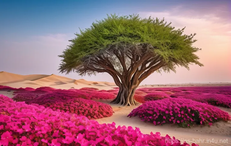 바레인의 식물원 - **Prompt:** A vibrant, panoramic view of the Bahraini desert, showcasing unexpected resilience and l...