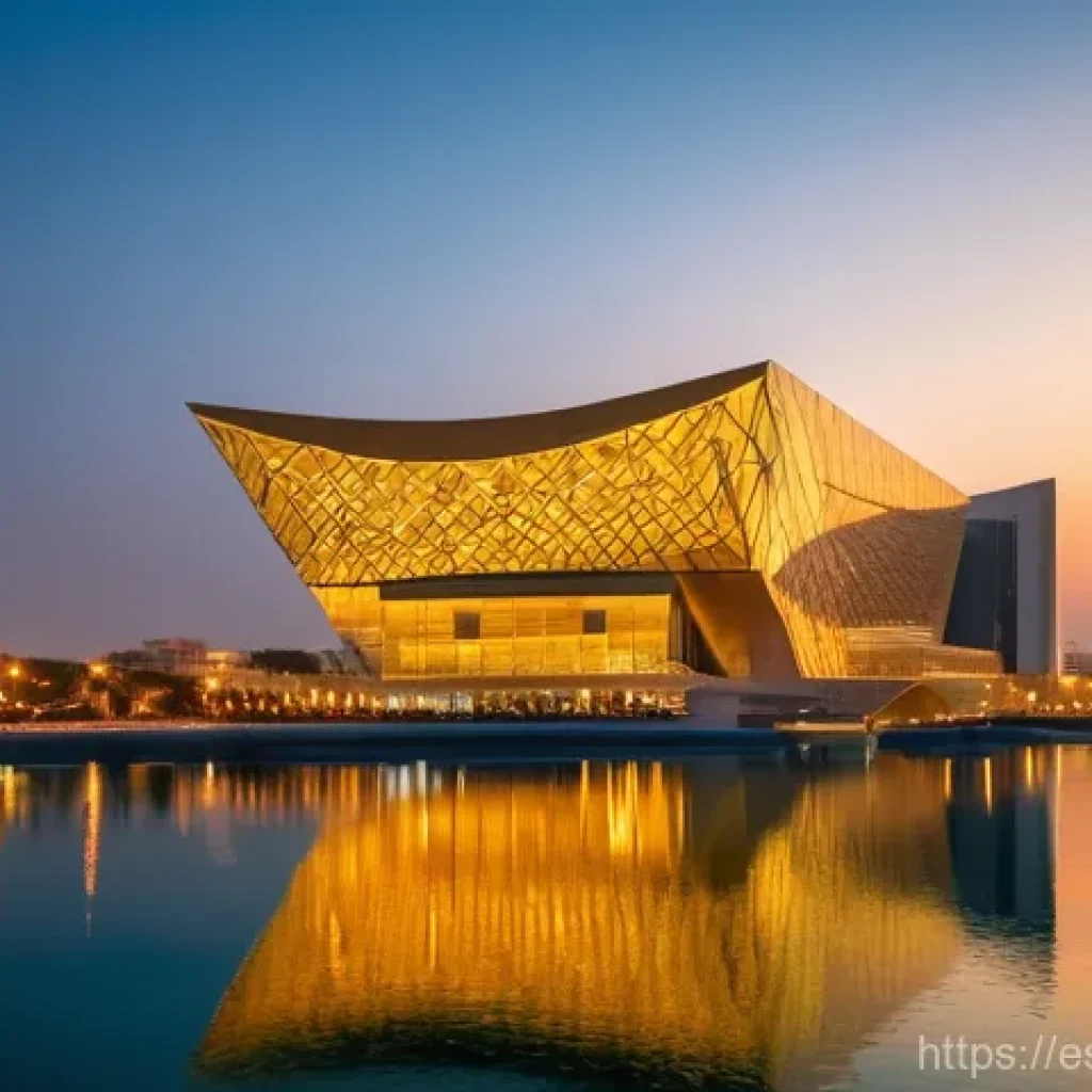 바레인의 오페라 하우스 - **"A breathtaking exterior view of the Bahrain National Theatre at sunset, its majestic glass facade...