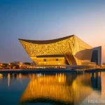 바레인의 오페라 하우스 - **"A breathtaking exterior view of the Bahrain National Theatre at sunset, its majestic glass facade...