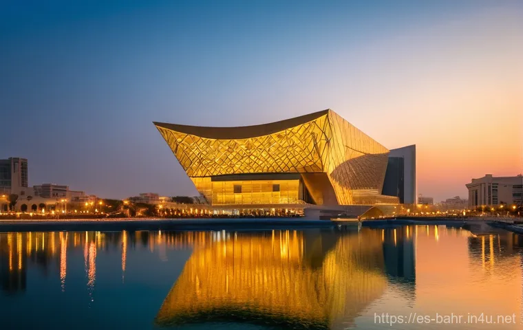 바레인의 오페라 하우스 - **"A breathtaking exterior view of the Bahrain National Theatre at sunset, its majestic glass facade...