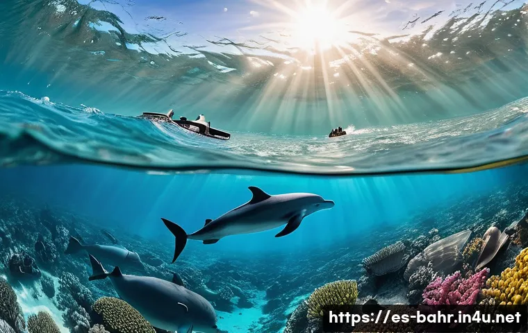 바레인의 해양 동물 보호구역 - A vibrant underwater scene showcasing a protected marine area in Bahrain’s coastal Gulf waters, feat...