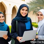 바레인 여성의 사회적 지위 - A vibrant university campus scene in Bahrain showcasing diverse young Bahraini women students wearin...