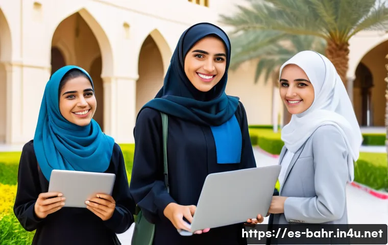 바레인 여성의 사회적 지위 - A vibrant university campus scene in Bahrain showcasing diverse young Bahraini women students wearin...