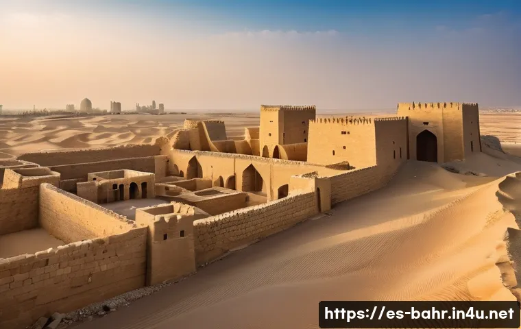 바레인의 세계문화유산 - An ancient archaeological site of Qal'at al-Bahrain at sunset, showcasing massive stone fortress wal...