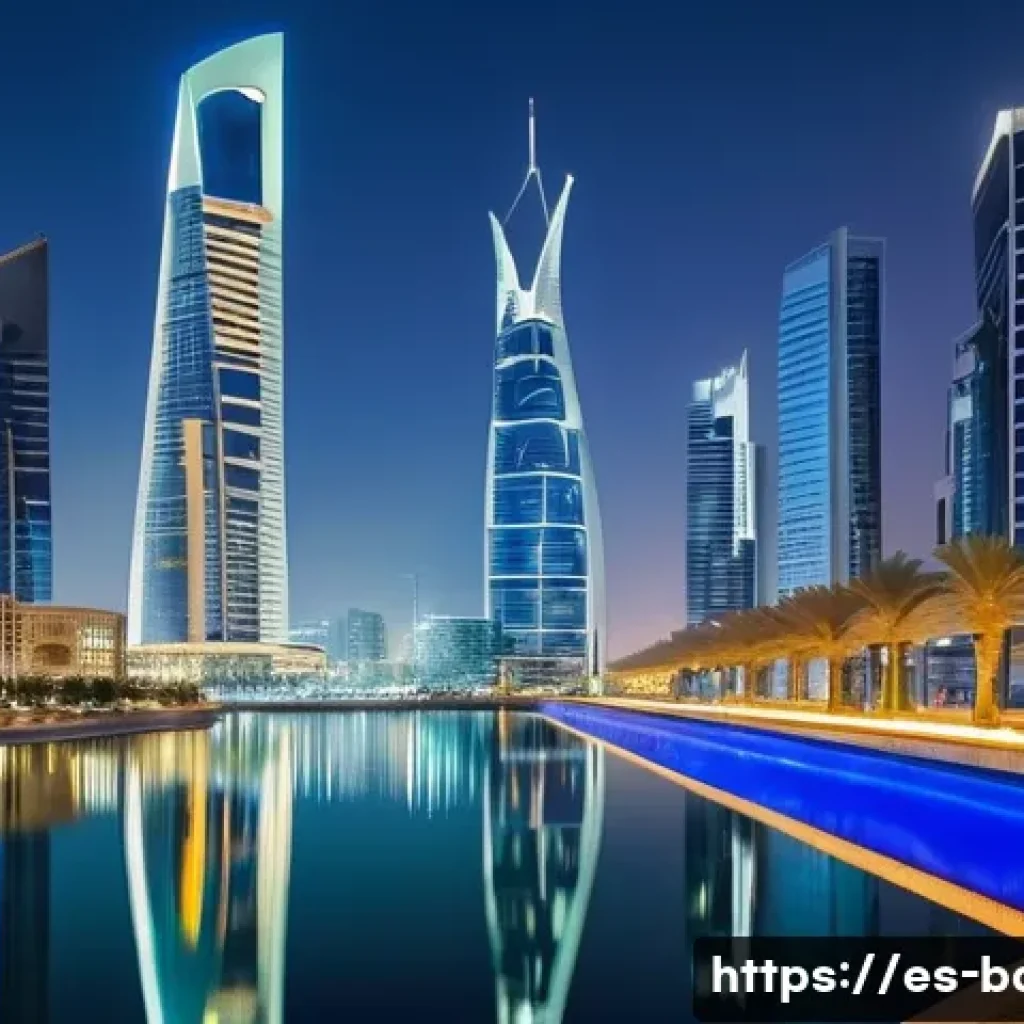 바레인의 경제 성장 이야기 - A modern financial district in Bahrain at dusk, showcasing sleek skyscrapers with illuminated window...