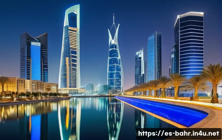 바레인의 경제 성장 이야기 - A modern financial district in Bahrain at dusk, showcasing sleek skyscrapers with illuminated window...