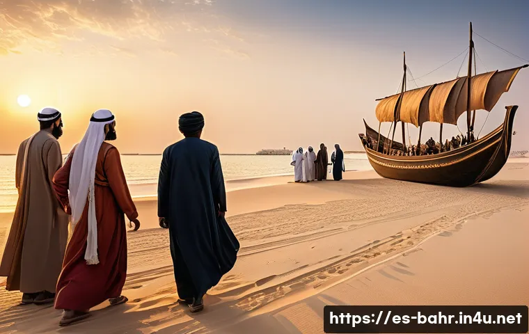 바레인 왕실의 역사 - A detailed historical scene depicting the Al Jalifa family&rsquo;s arrival on Bahrain island in the 18th c...