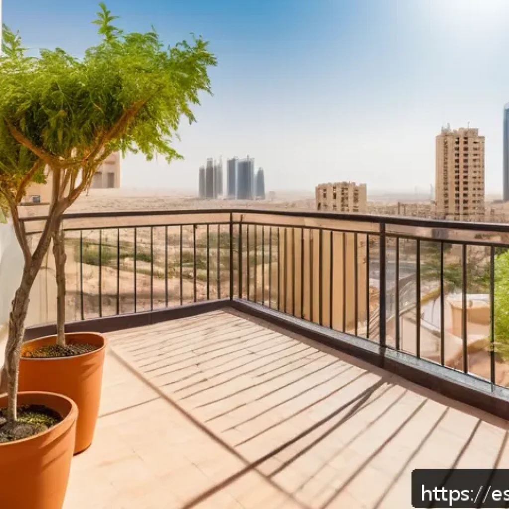 바레인의 나무 시장 - A vibrant urban balcony garden in Bahrain featuring a healthy Acacia tree thriving under intense des...