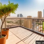 바레인의 나무 시장 - A vibrant urban balcony garden in Bahrain featuring a healthy Acacia tree thriving under intense des...