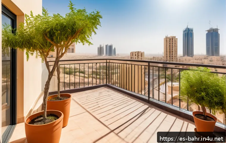 바레인의 나무 시장 - A vibrant urban balcony garden in Bahrain featuring a healthy Acacia tree thriving under intense des...