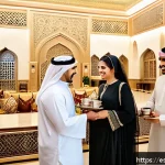 바레인의 전통 결혼 문화 - A traditional Bahraini wedding welcome scene depicting family members warmly greeting guests with da...