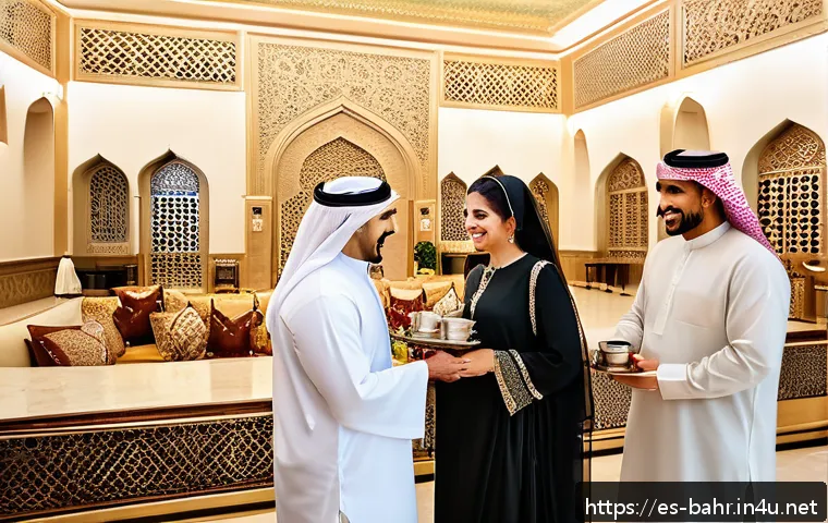 바레인의 전통 결혼 문화 - A traditional Bahraini wedding welcome scene depicting family members warmly greeting guests with da...