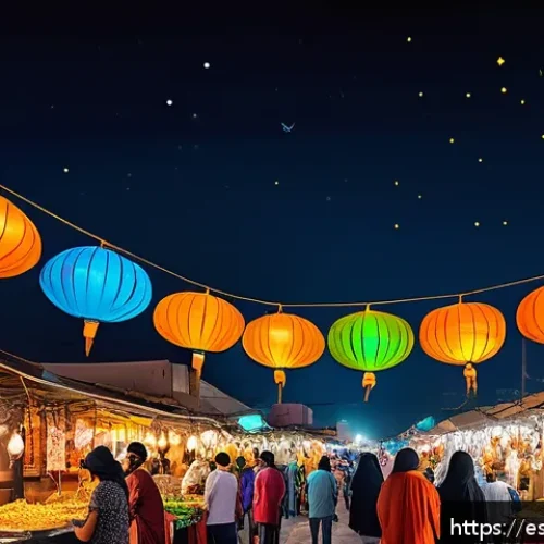 바레인의 야시장 탐방 - Vibrant Bahrain night market scene with bustling food stalls offering traditional dishes like machbo...