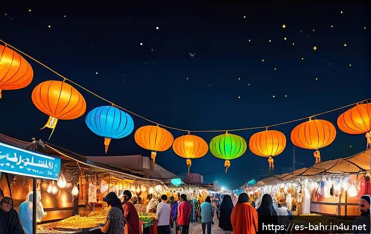 바레인의 야시장 탐방 - Vibrant Bahrain night market scene with bustling food stalls offering traditional dishes like machbo...