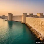 바레인의 역사적 성벽 - A panoramic view of the ancient Bahrain city walls at sunset, constructed from coral limestone and w...