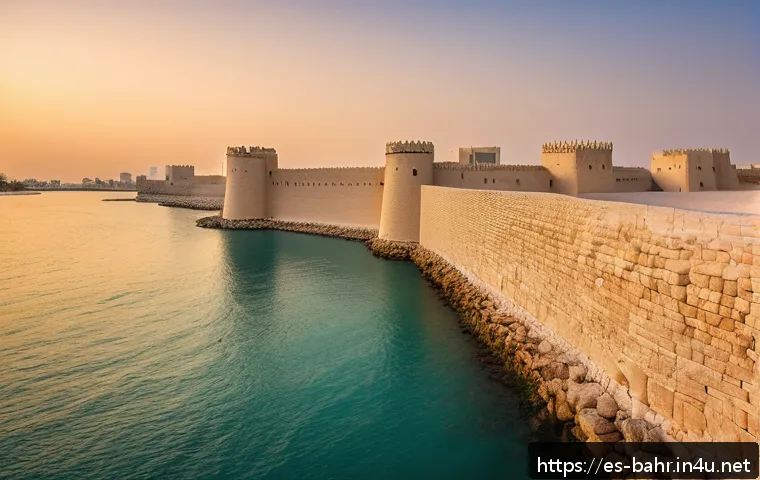 바레인의 역사적 성벽 - A panoramic view of the ancient Bahrain city walls at sunset, constructed from coral limestone and w...