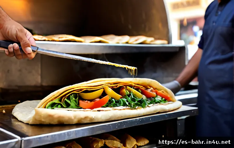 바레인의 인기 있는 길거리 음식 - Photorealistic close-up of a Bahraini street food vendor slicing golden shawarma from a vertical spi...