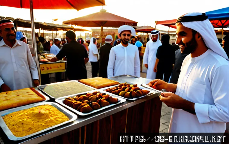 바레인에서 먹거리 투어 - Photorealistic Bahrain food tour scene in Manama’s traditional market, a Spanish-speaking traveler s...